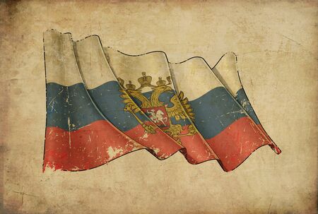Textured aged Papyrus Background with a scratched illustration of the Waving Flag of Russian Stateの写真素材