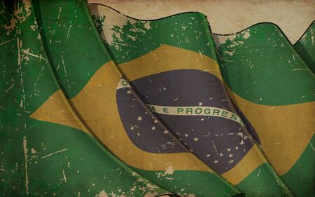 Background illustration of an old paper with a print of a waving Flag of Brazilの写真素材