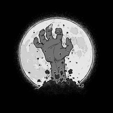 Free Hand Halloween Cartoon illustration of Zombie Hand braking out of the Ground against a full Moon. Vectorized with Lineart, Shading, Color n Background of all the elements neatly organized in well-defined layers n groupsのイラスト素材