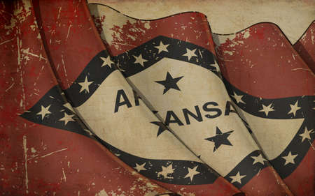 Background illustration of an old paper with a print of a waving Flag of the State of Arkansasの写真素材