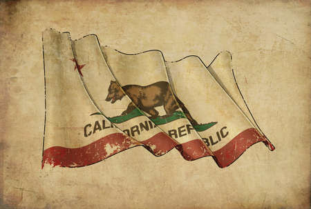 Textured aged Papyrus Background with a scratched illustration of the Waving Flag of the State of Californiaの写真素材
