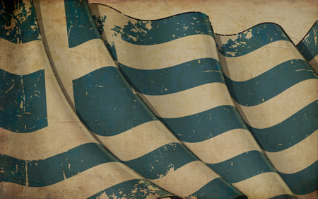 Background illustration of an old paper with a print of a waving Flag of Greeceの写真素材
