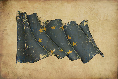 Textured aged Papyrus Background with a scratched illustration of the Waving Flag of European Unionの写真素材