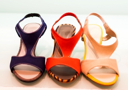 Variety of the colourful leather shoes in the shopの写真素材