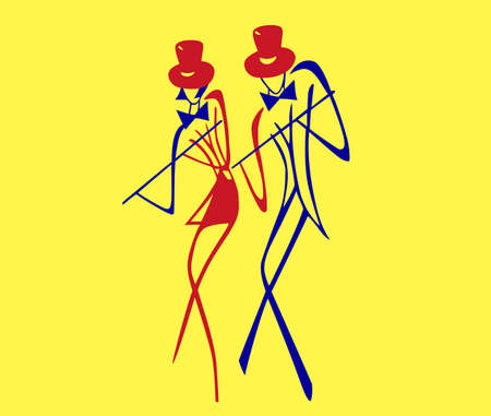 Man and woman playing violin with singing on isolated yellow background for music festival or event. nice colorful couple and well dressed.のイラスト素材