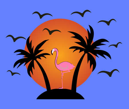 Sun shine in the morning, flying birds design and flamingo stay with. natural environment, nice weather,のイラスト素材