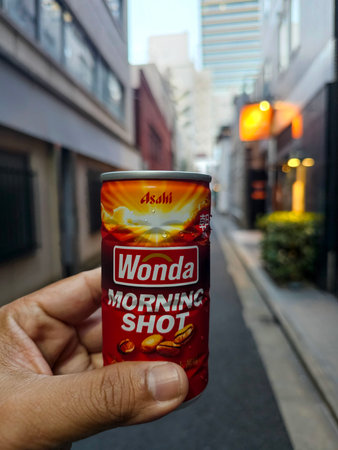 Tokyo, Japan - September 2th 2025 - Hand holding a Wonda Morning Shot coffee can in a Japanese city...