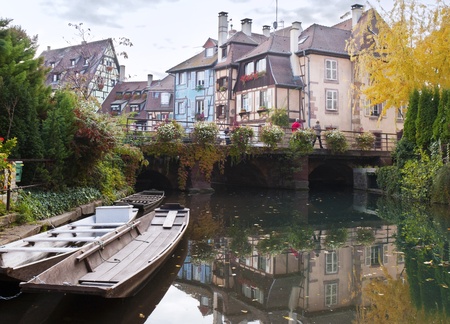 Old houses and the river in the town of Colmarの写真素材