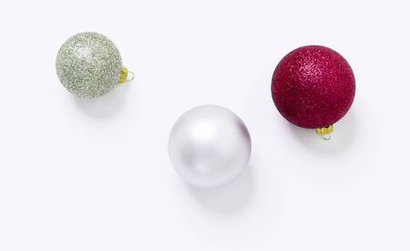 Christmas balls on white background, view from aboveの写真素材