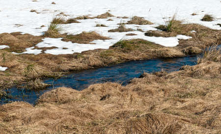 The landscape with snow, grass and water in early spring