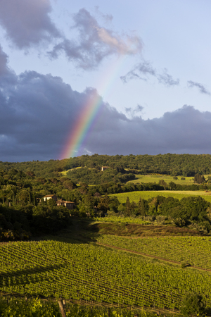 The hilly landscape with rainbow in the evening. Tuscany, Italyの写真素材