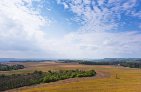 Landscape with field, forest and sky in springの写真素材