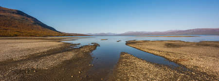 Autumn landscape with Tornetrask lake. Northern Swedenの写真素材