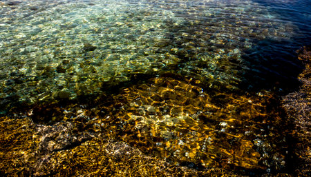 Clear shallow water with a rocky bottom with reflections of the setting sun.の写真素材