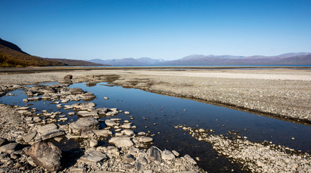 Autumn landscape with Tornetrask lake. Northern Swedenの写真素材