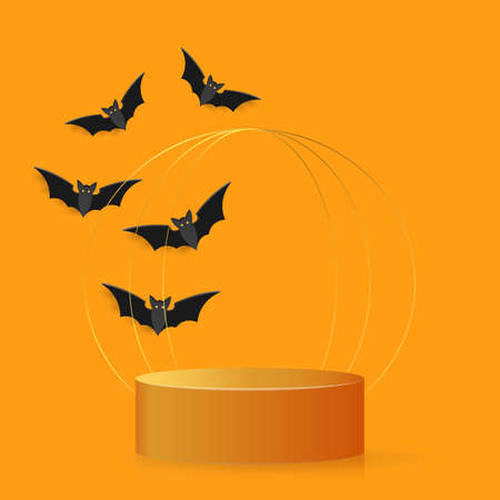 Happy Halloween banner or party invitation shine background with podium and bat. Place for text. High quality photo. High quality photoの写真素材