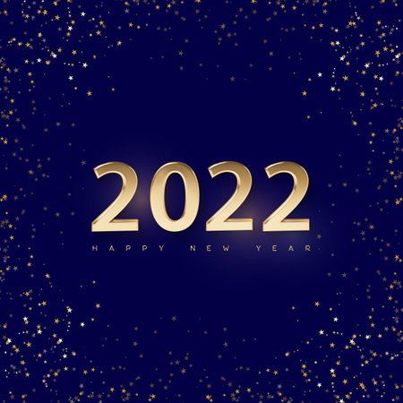 Minimal Christmas night blue shine and gold stars background with New Year 2022 greeting....
