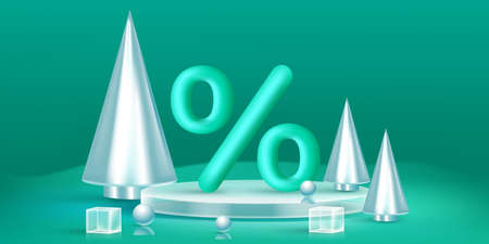 Modern Christmas sale banner concept. 3d Christmas cone tree near podium with percent icon on mint background. Vector illustration. Vector illustrationのイラスト素材