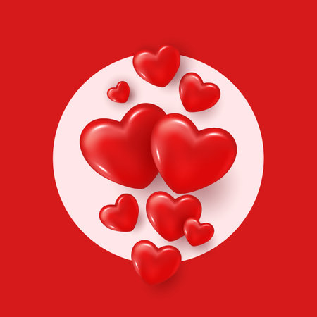 Happy Valentine's Day banner with 3d red heart. Celebration vector background. Advertising template. Red background. Text message. Abstract card. Gift card, invitation, banner, poster, voucher design. Vector illustrationの写真素材