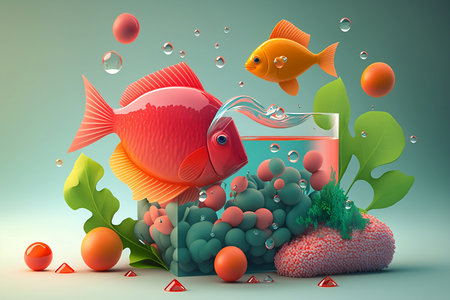 Goldfish in the aquarium. 3D cute ecology transformed. Ecology concept. Generative AI.の写真素材