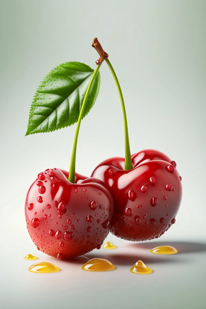Close-up two fresh juicy cherries with water drops. Generative AI.の写真素材