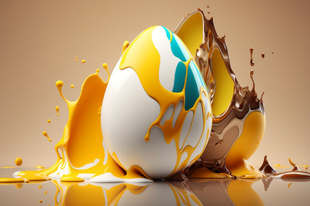 Realistic beautiful Easter egg with yellow and blue colors and golden splash. Generative AI.の写真素材
