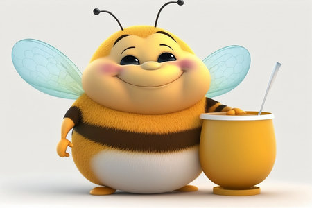 Cute happy fat bee with a pot of honey isolated on white background. Generative AI.の写真素材