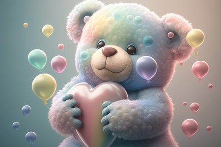 Cute happy pastel teddy bear with soap bubbles, holding a pink heart. Cute plush childrens toy. Generative AI..の写真素材