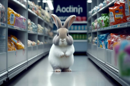 Cute realistic Easter bunny goes shopping in a supermarket. Generative AI.の素材