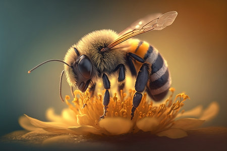 Honey bee sits on a flower and collects nectar. Generative AI.の素材