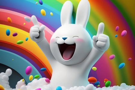 Happy dancing Easter bunny on colorful rainbow background. Cartoon characters with thumbs up on. Generative AI.の素材