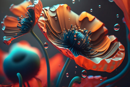 Close-up red poppy with water drops isolated on dark background. Artwork of decorative flowers for Memorial Day. Generative AI.の素材