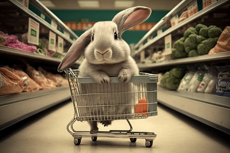 Cute realistic Easter bunny in shopping cart goes shopping in a supermarket. Generative AI.の素材