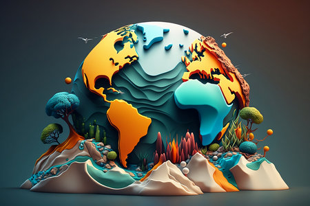 3d colorful bright globe map with nature landscape isolated on clean background. World Earth day concept. Generative AI.の素材