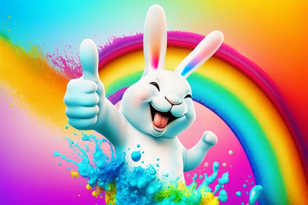Happy cartoon Easter bunny with thumbs up on. Colorful rainbow splash background. Generative AI.の素材