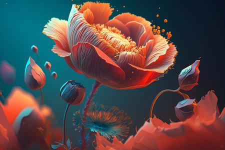 Close-up art of red poppy isolated on dark background. Decorative flower for Remembrance Day. Generative AI.の素材