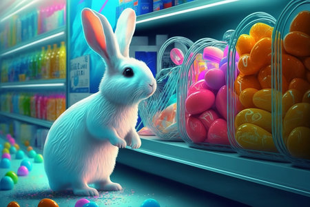 Cute white Easter bunny goes shopping in a supermarket. Generative AI.の素材