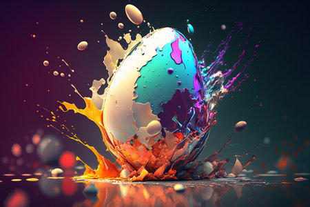 Art beautiful Easter egg with bright colorful liquid splash and drops. Generative AI.の素材