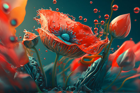 Close-up bright red poppy isolated with water drops on dark background. Artwork of decorative flowers for Remembrance Day. Generative AI.の素材
