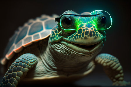 Cute little happy smiling green turtle with neon glasses. Generative AI.の素材