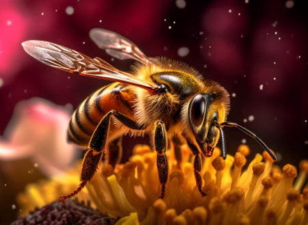 Macro view Honey bee on flower. Generative AI.の素材