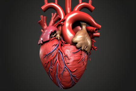 Anatomically correct detailed Human heart model, isolated on simple dark background. Generative AI.の素材