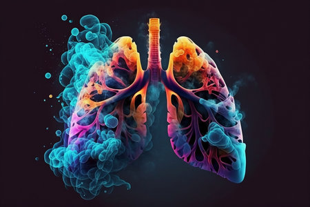 Lung with smoke isolated on dark background. World no tobacco day. Generative AI.の素材