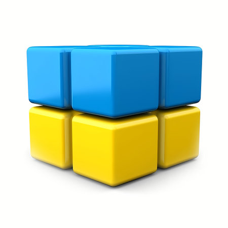 3d cube in Ukraine flag colors isolated on white background. Independence Day of Ukraine. Generative AI.の素材