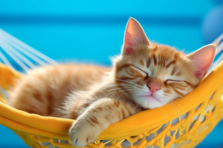 Cute ginger kitten sleeping in a hammock. International cat day. Generative AI.の素材