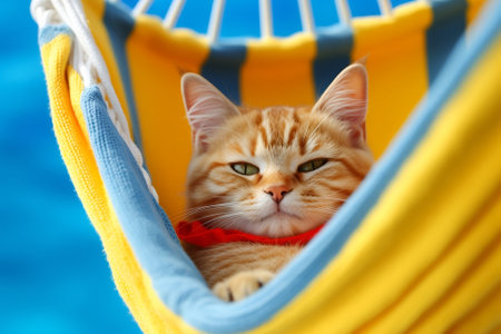 Cute ginger kitten sleeping in a hammock. International cat day. Generative AI.の素材