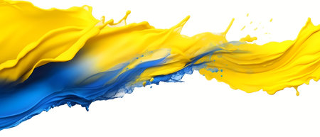 Spreading blue and yellow colors on white background. Abstract Ukraine flag colors banner. Generative AI.の素材