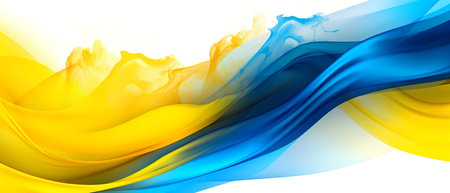 Spreading blue and yellow colors on white background. Abstract Ukraine flag colors banner. Generative AI.の素材