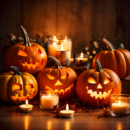 Halloween pumpkins. Jack-o-lantern decoration. Generative AI.の素材