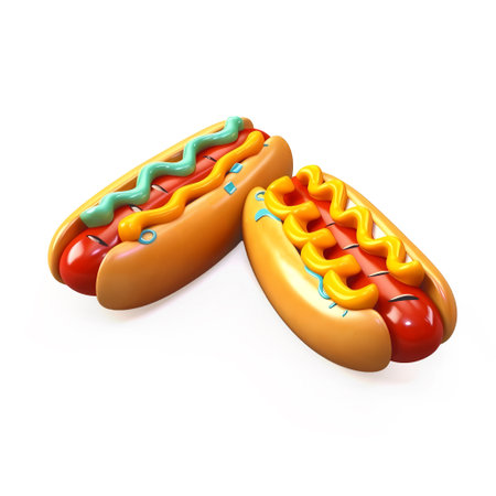 3D hotdogs isolated on white background. Generative AI.の素材
